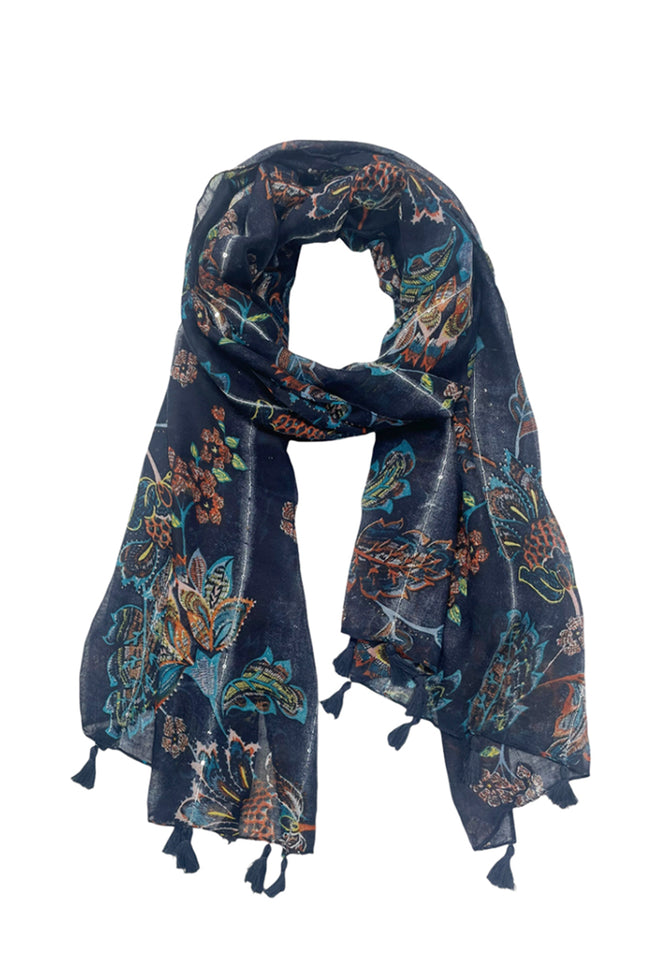 Spun Scarves Sarong Orange and Teal Print / Navy Orange and Teal Print Scarf Wrap Sarong with Sequins