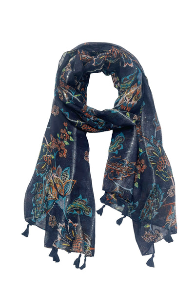 Spun Scarves Sarong Orange and Teal Print / Navy Orange and Teal Print Scarf Wrap Sarong with Sequins