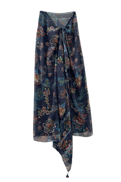 Spun Scarves Sarong Orange and Teal Print / Navy Orange and Teal Print Scarf Wrap Sarong with Sequins
