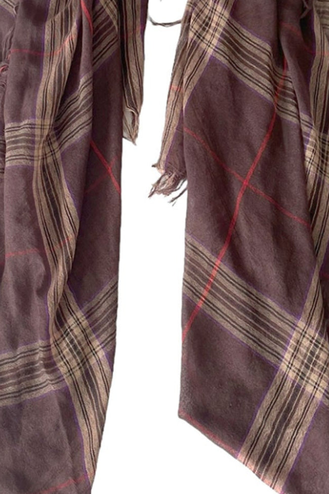 Spun Scarves Sarong Plaid Weave / Brown Plaid Weave Fringe Scarf Wrap