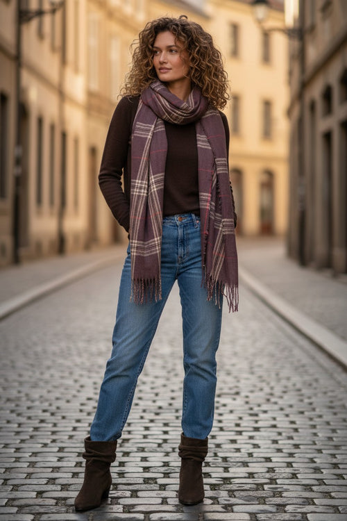 Plaid Loose Brown and Tav Weave Raw Edge Fringe Scarf Wrap