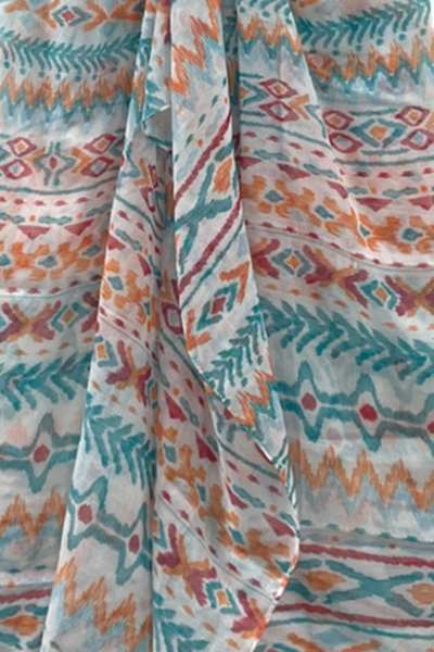 Spring Festival Teal Print Fringe Kaftan Braided Trim Coverup