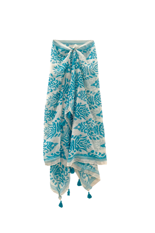 Spun Scarves Sarong Tiki Hut / Blue Dance at the Bazaar Blue Print Scarf Wrap Sarong