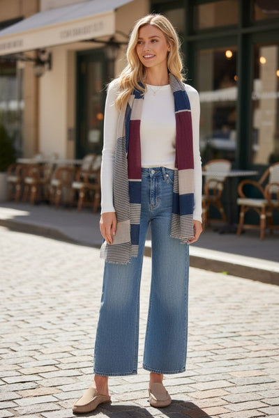 spun-scarves-scarf-Castaway Stripe Printed Scarf Wrap | Wine Blue Color Block Shawl NAVY MAROON, WHITE GREY