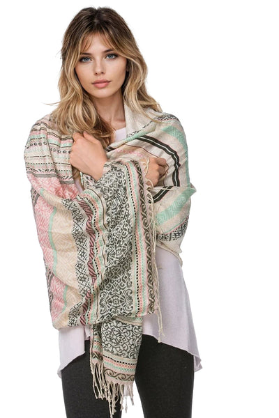 Spun Scarves Scarf Embroidery Pastel Scarf in Ivory Hand Loomed Stripe Woven Pattern Pastel Scarf