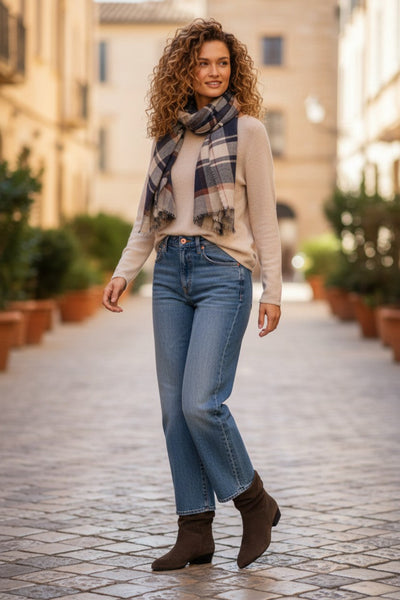 spun-scarves-scarf-fFireside Plaid Checks Raw Edge Print Scarf Wrap Navy