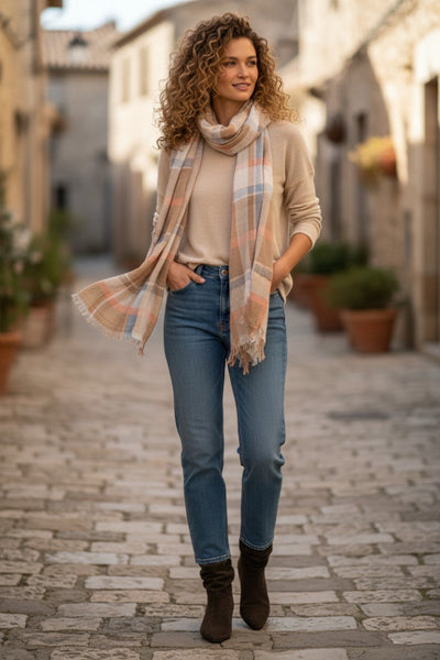 spun-scarves-scarf-fFireside Plaid Checks Raw Edge Print Scarf Wrap tan