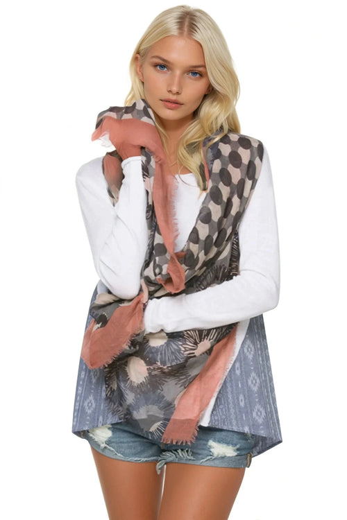 Spun Scarves Scarf Flower & Dots Printed Scarf / Terracotta Flower & Dots Sheer Print Scarf Wrap