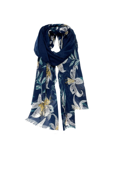 Spun Scarves Scarf Lovely Lily / Navy Lovely Lily Print Coverup Wrap in Navy
