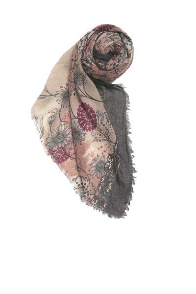 Antique Floral Fringe Edge Scarf Wrap | Lightweight Sheer Floral Shawl