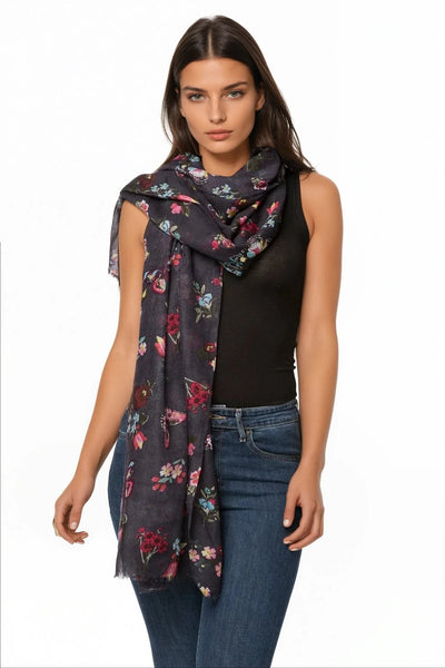 Spun Scarves Scarf Night Flowers / Navy Night Flowers Print Scarf, Wrap and Sarong in Navy