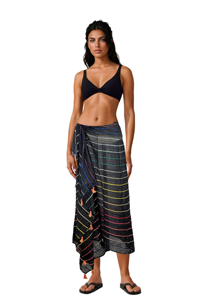 Spun Scarves Scarf Rainbow Magic / Black Rainbow Magic Black Multi Color Stripe Scarf Wrap Sarong