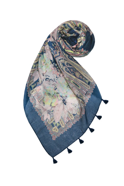 Spun Scarves Scarf Rio Blooms / Navy Rio Blooms Print Coverup Scarf Wrap in Navy