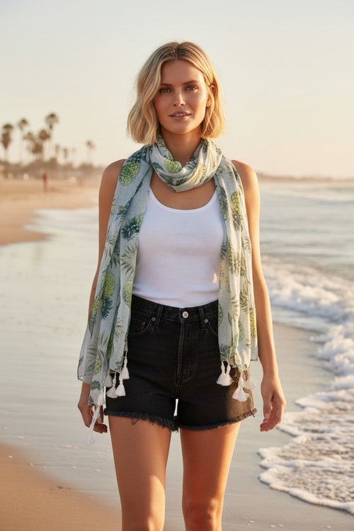 spun-scarves-white-Cabana Party Soft and Sheer Tassel Print Scarf Wrap Sarong