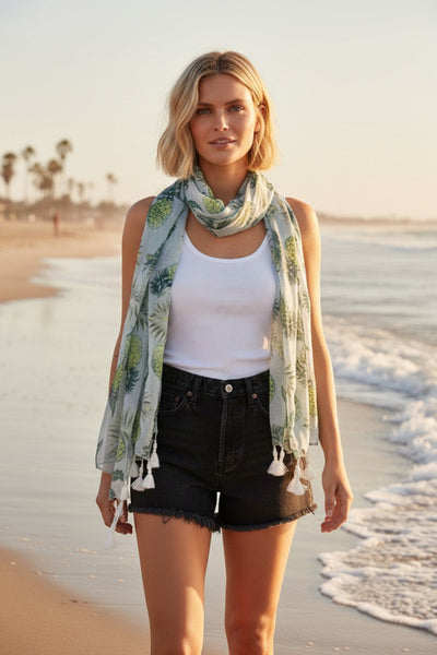 spun-scarves-white-Cabana Party Soft and Sheer Tassel Print Scarf Wrap Sarong