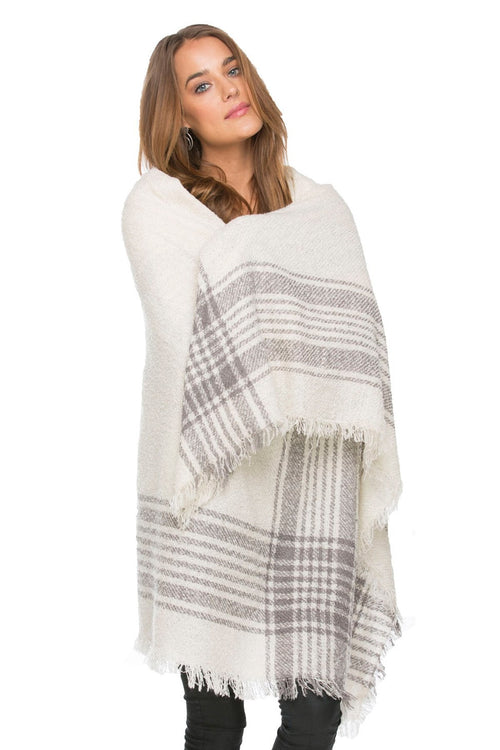 Spun Scarves Wrap Eggshell / One Size Plaid Border Blanket Wrap