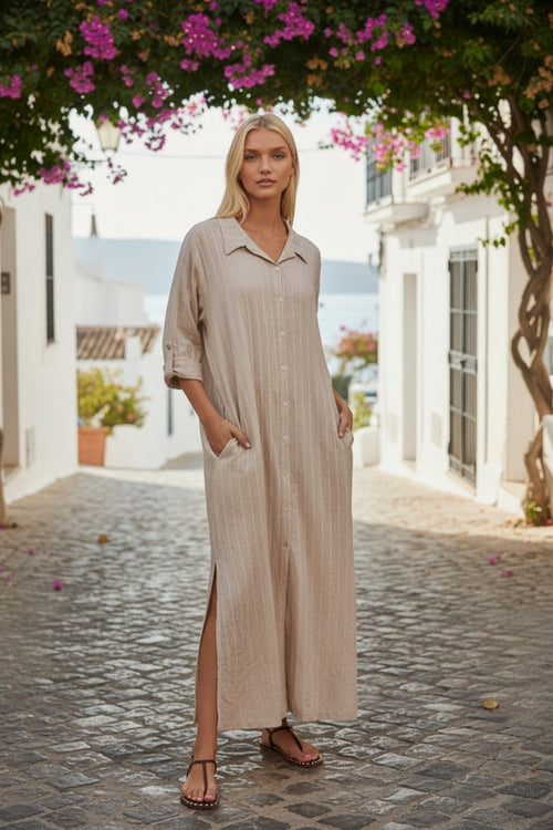 subtle-Cotton Gauze with Lurex Stripe Daydreamer Button Front Maxi Dress tanluxury-dress-xs-s-tan-100-cotton-gauze-w-lurex-cotton-gauze-with-lurex-stripe-daydreamer-maxi-dress-1216494597_1_AIFashionModels 2