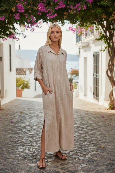 subtle-Cotton Gauze with Lurex Stripe Daydreamer Button Front Maxi Dress tanluxury-dress-xs-s-tan-100-cotton-gauze-w-lurex-cotton-gauze-with-lurex-stripe-daydreamer-maxi-dress-1216494597_1_AIFashionModels 2