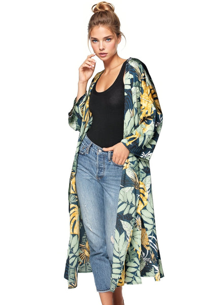 Subtle Luxury Cardigan S/M / Navy / 100% Polyester Bed to Brunch Robe Kimono in Leafy Palms