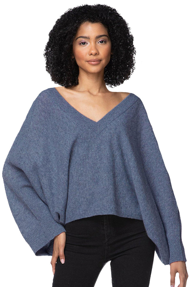 Subtle Luxury Cashmere 100% Cashmere Coastal Cool Reversible Crew to V-neck Sweater Knit Poncho - Dark Colors