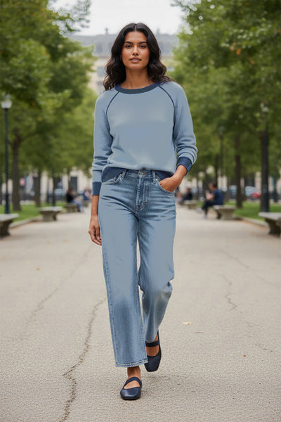 subtle-luxury-cashmere-100% Washable Cashmere Crewneck Sweater with Constrast Color and Cover-Stitch dusty blue with darker blue
