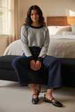 subtle-luxury-cashmere-100% Washable Cashmere Crewneck Sweater with Constrast Color and Cover-Stitchh lt grey heather with black