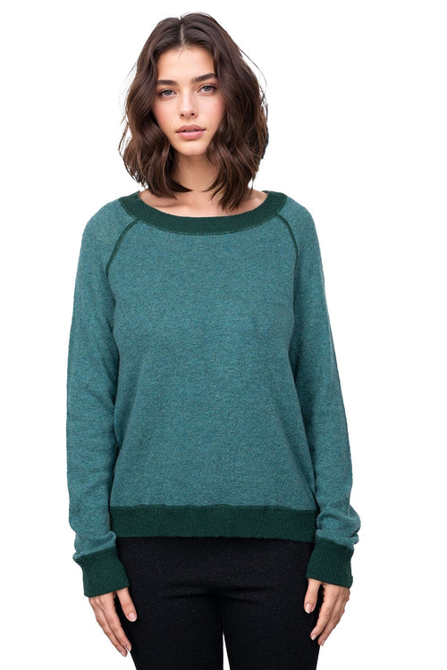 Subtle Luxury Cashmere Sweater Washable Cashmere Coverstitch Crew / S/M / Sage/Evergreen Washable Cashmere Novelty Cover-stitch Crewneck Sweater