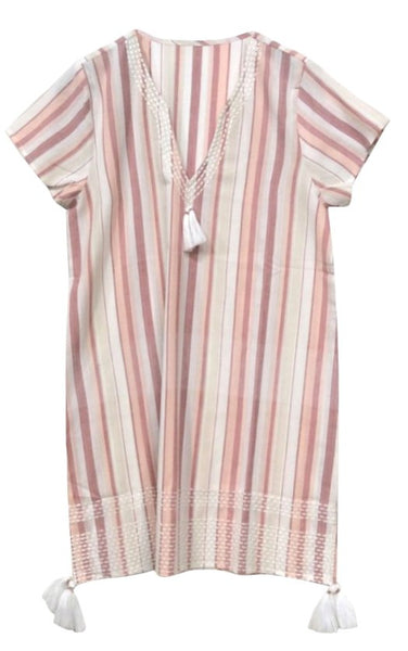 Subtle Luxury Cotton Dress Amelia Kaftan / S/M / SC-Stripe Pink Amelia V Neck Tassel Dress