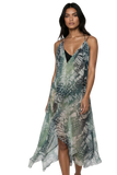 Subtle Luxury maxi tassel coverup sundress in green and black dragon wings print with gold-detailed straps
