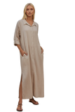 subtle-luxury-dress-Cotton Gauze with Lurex Stripe Daydreamer Button Front tan