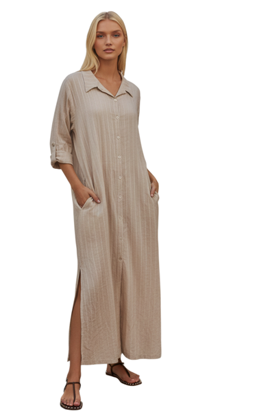 subtle-luxury-dress-Cotton Gauze with Lurex Stripe Daydreamer Button Front tan
