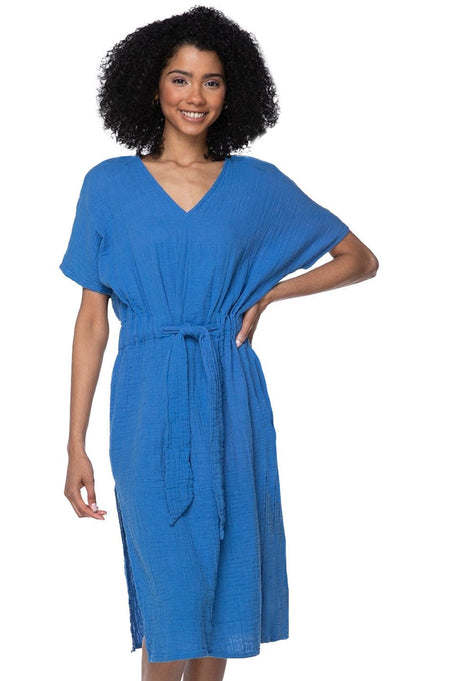 Cross Over Wrap Dress in Cotton Chambray Denim