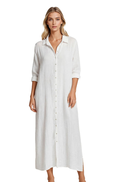 Subtle Luxury Dress S/M / White / 100% Cotton Double Gauze Getaway Double Gauze Cotton Maxi Button  Dress - Solid