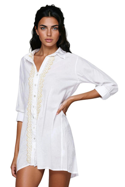 Subtle Luxury Dress XS/S / Sand / 100% Cotton Lawn Ziggy Button Down Embroidery Shirt Dress in Washed 100% Cotton