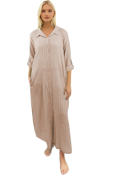 Subtle Luxury Dress XS/S / Tan / 100% Cotton Gauze w/Lurex Cotton Gauze with Lurex Stripe Daydreamer Maxi Dress