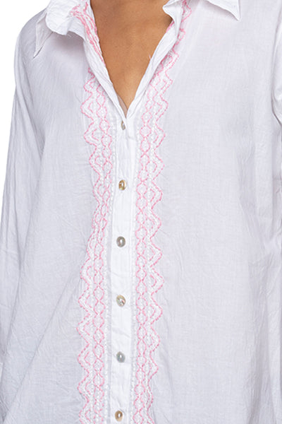 Subtle Luxury Dress Ziggy Button Down Embroidery Shirt Dress in Washed 100% Cotton