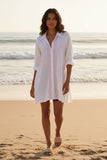 Ziggy Button Down Washed Cotton Embroidery Shirt Dress in Blue, Greens and Pink Colors