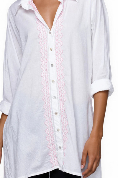 Subtle Luxury Dress Ziggy Button Down Embroidery Shirt Dress in Washed 100% Cotton
