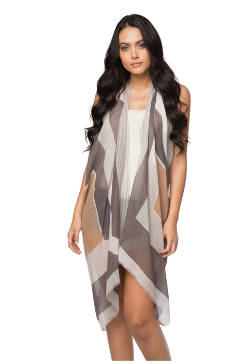 Subtle Luxury Free Spirit multi-wear coverup in beige and grey Castaway stripe print worn by a model