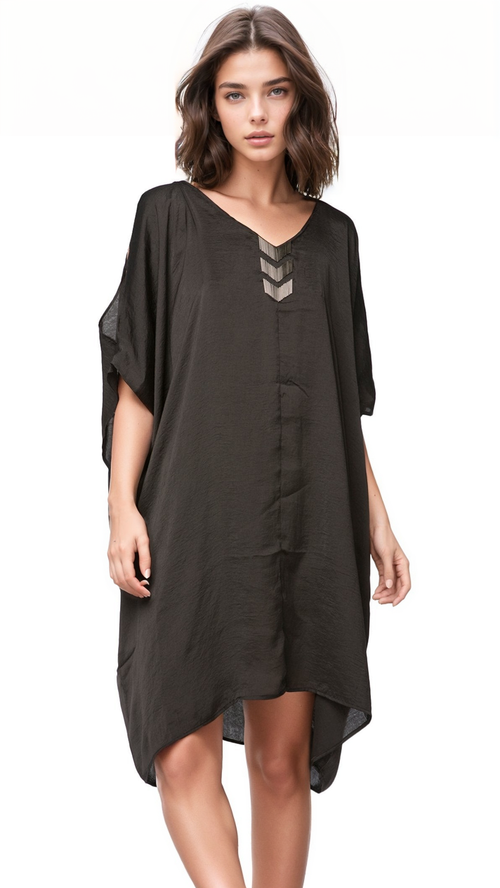 Subtle Luxury Kaftan O/S / Black / Solid Satin Poly Night Shimmer Kaftan Dress in Satin