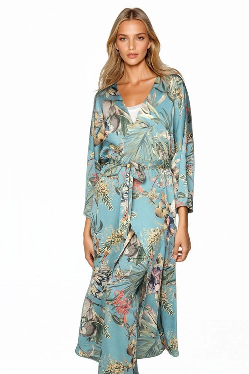 Subtle Luxury Kimono Coverup S/M / Blue / 100% Mid-Weight Poly Bed to Brunch Robe Kimono in Tropical Escape Print
