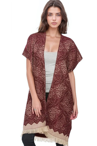 Subtle Luxury Kimono Merlot / One Size Winter Lace Hand Loomed Jacquard Blanket Winter Kimono