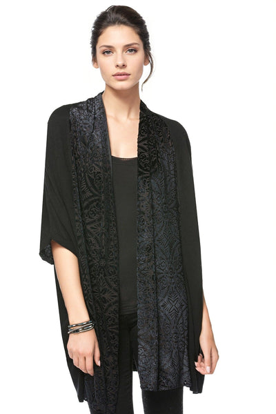 Subtle Luxury Kimono O/S / Medallion Slate / 100% Polyester Black Magic Knit Shrug with Stretch Cut Out Velvet Panel