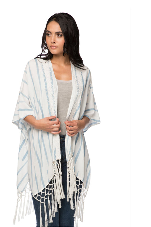 Subtle Luxury Kimono O/S / ST-Sky / 100% Rayon Tie Dye Long Fringe Kimono Coverup