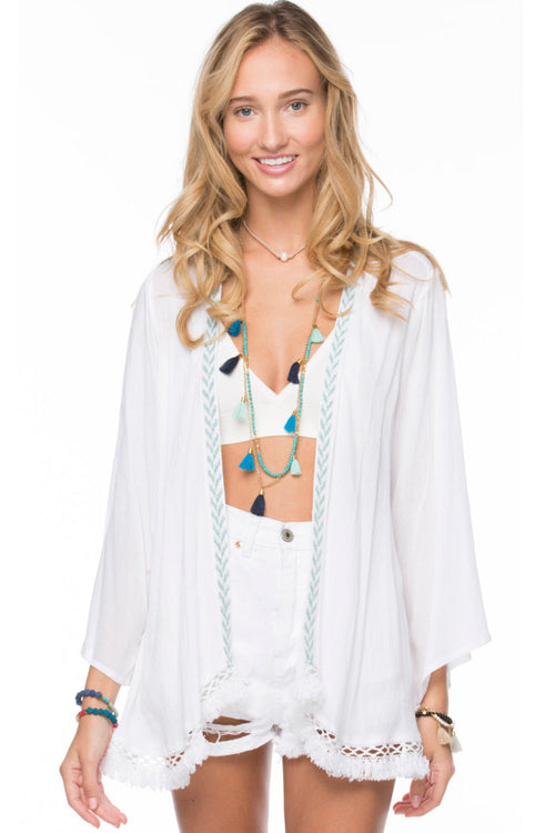 Subtle Luxury Kimono Oahu Cotton Gauze Embroidery Fringe Edge Coverup Kimono