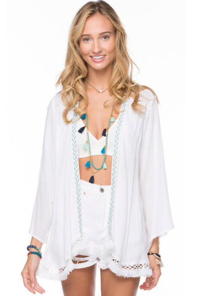 Subtle Luxury Kimono Oahu Cotton Gauze Embroidery Fringe Edge Coverup Kimono