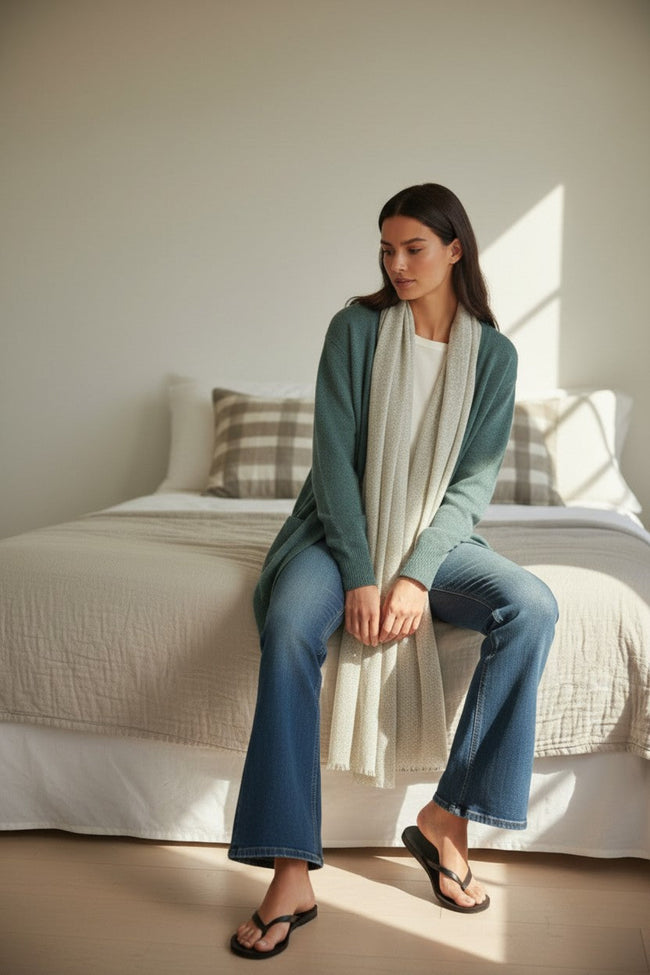 subtle-luxury-luxury-scarf-moos green-Dreamy Luxury 100% Hand Loomed Cashmere Spray Dot Scarf Wrap subtle luxury cashmere scarves 