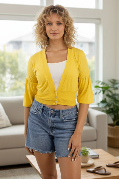 subtle-luxury-marigold-Daisy Balloon Short Sleeve Almost Vintage Sweater Button Crop Sweater