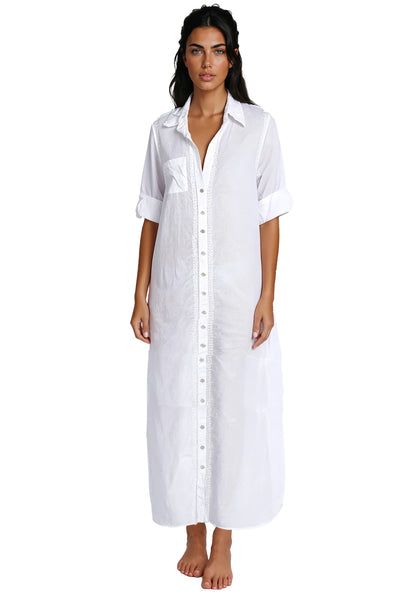 Subtle Luxury Maxi Dress Maxi Boyfriend White Cotton Long Shirt Dress in White Embroidery