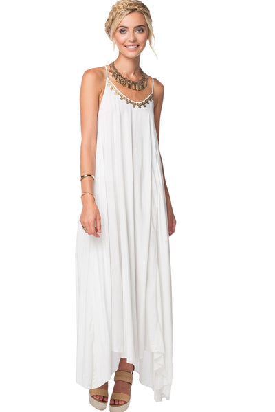 Subtle Luxury Maxi M/L / Ivory / 100% Rayon Cross Back Leila Dress with Gold Metal Sequin Embellishment